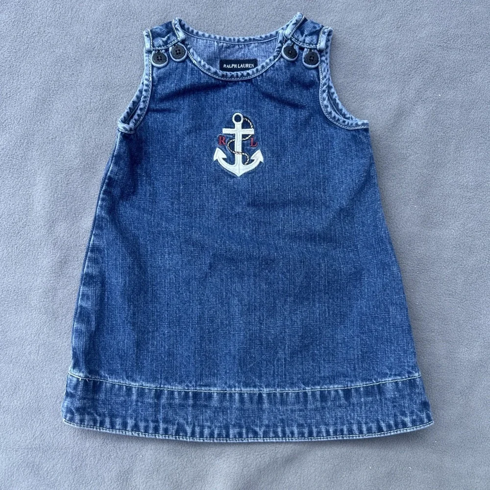 VTG Ralph Lauren Denim Overall Dress Size 18M Baby Girls Blue Jumper Anchor Logo